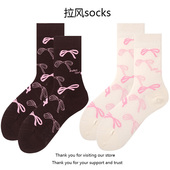 粉色蝴蝶结袜子女中筒袜ins潮纯棉春秋款 甜美可爱美拉德无骨长袜