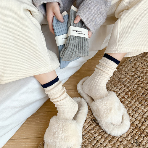 灰蓝拼接撞色袜子女粗针日系简约