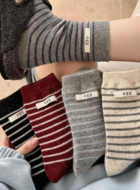 布标羊毛袜子女秋冬季灰色纯棉中筒袜冬天加厚保暖羊绒条纹堆堆袜