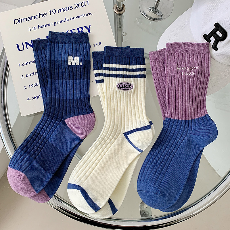 紫蓝条纹拼色袜子女双针纯棉长袜