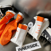 双罗口烫印字母中筒袜INS潮双层拼接个性 情侣袜子男女毛巾底运动