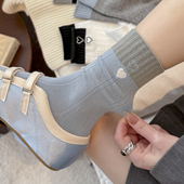 灰蓝拼色袜子女春秋季 日系爱心刺绣堆堆袜秋冬长袜 纯棉中筒袜韩版