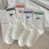白色二杠条纹袜子女中筒袜ins潮纯棉春秋款 刺绣字母秋冬运动长袜