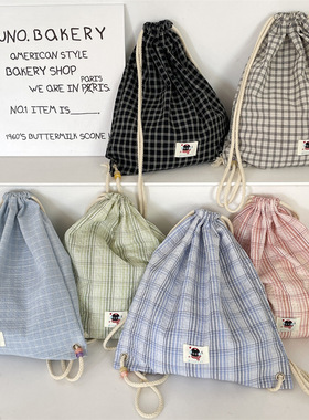 53232 新款时尚潮流抽绳双肩包串珠夏天格纹帆布双肩包简约通勤