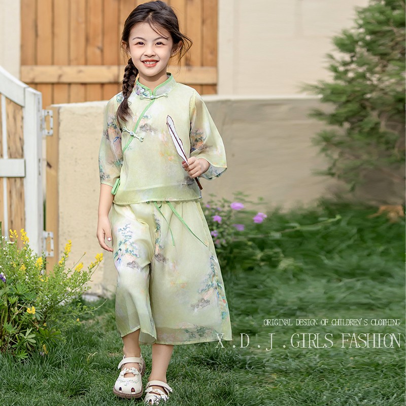 女童中式汉服套装夏季2024新款中大童国风洋气时髦短袖裙裤两件套