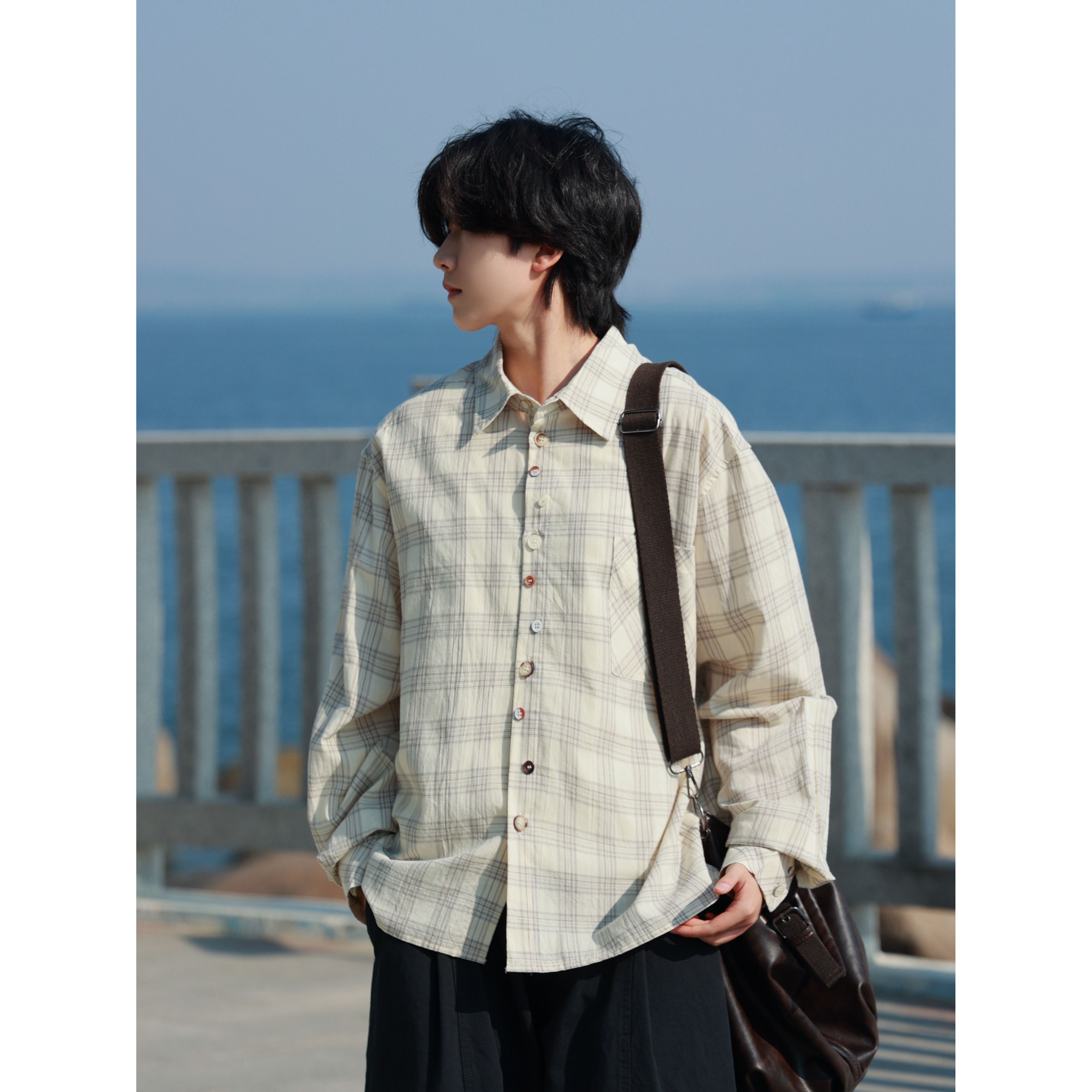 19otiwtt复古格子翻领长袖衬衫男女宽松休闲学院风vintage衬衣