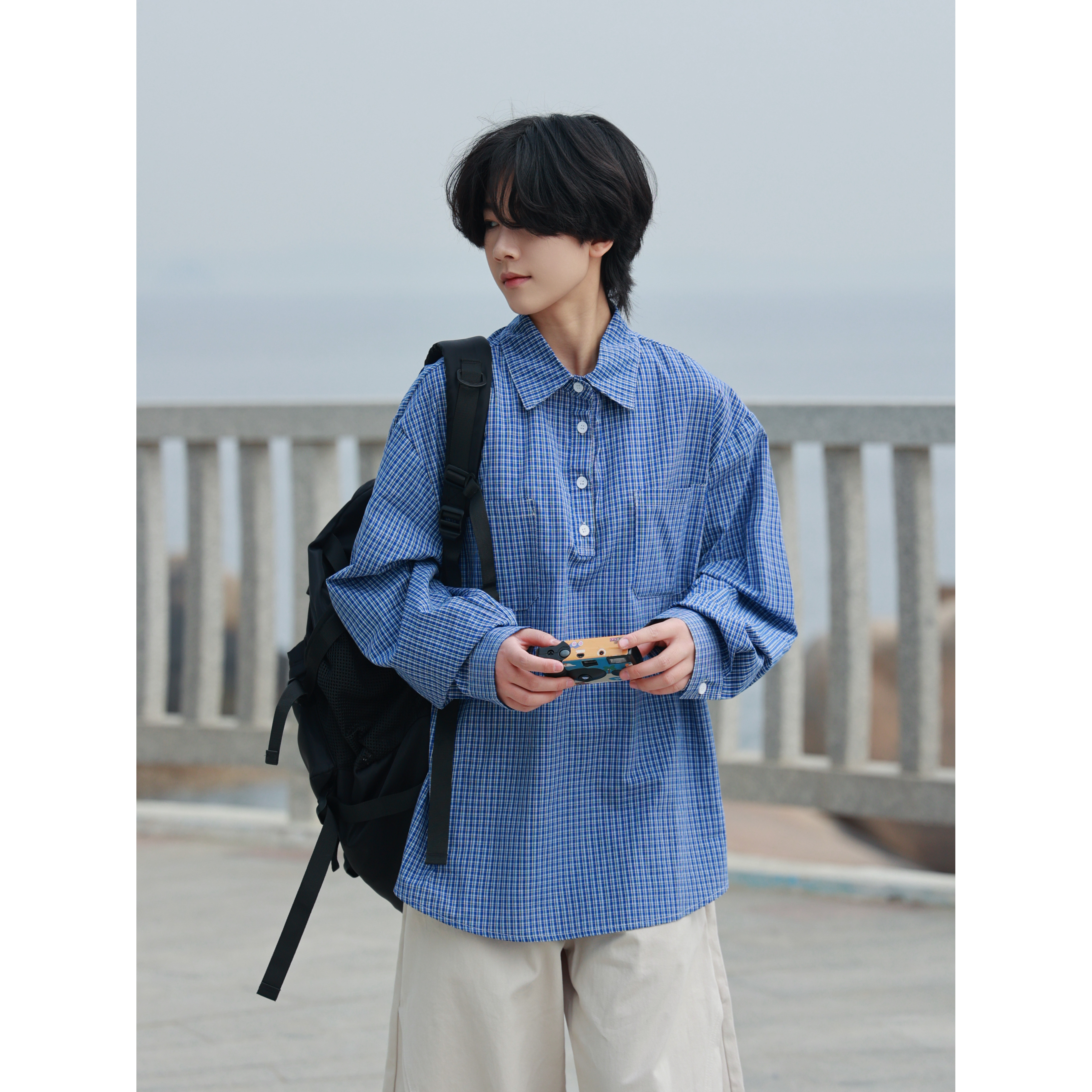 19otiwtt春季复古格子纽扣套头长袖衬衫男女潮牌宽松百搭翻领衬衣