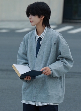 19otiwtt日系复古V领开衫cityboy卫衣纯色宽松休闲针织衫外套情侣