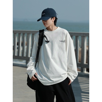 19otiwtt印花圆领长袖T恤男重磅潮流小领口运动休闲宽松打底上衣