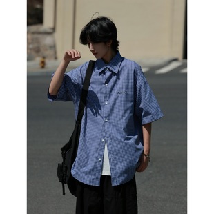 衬衫 19otiwtt日系复古蓝色刺绣格子宽松短袖 春夏休闲感通勤衬衣