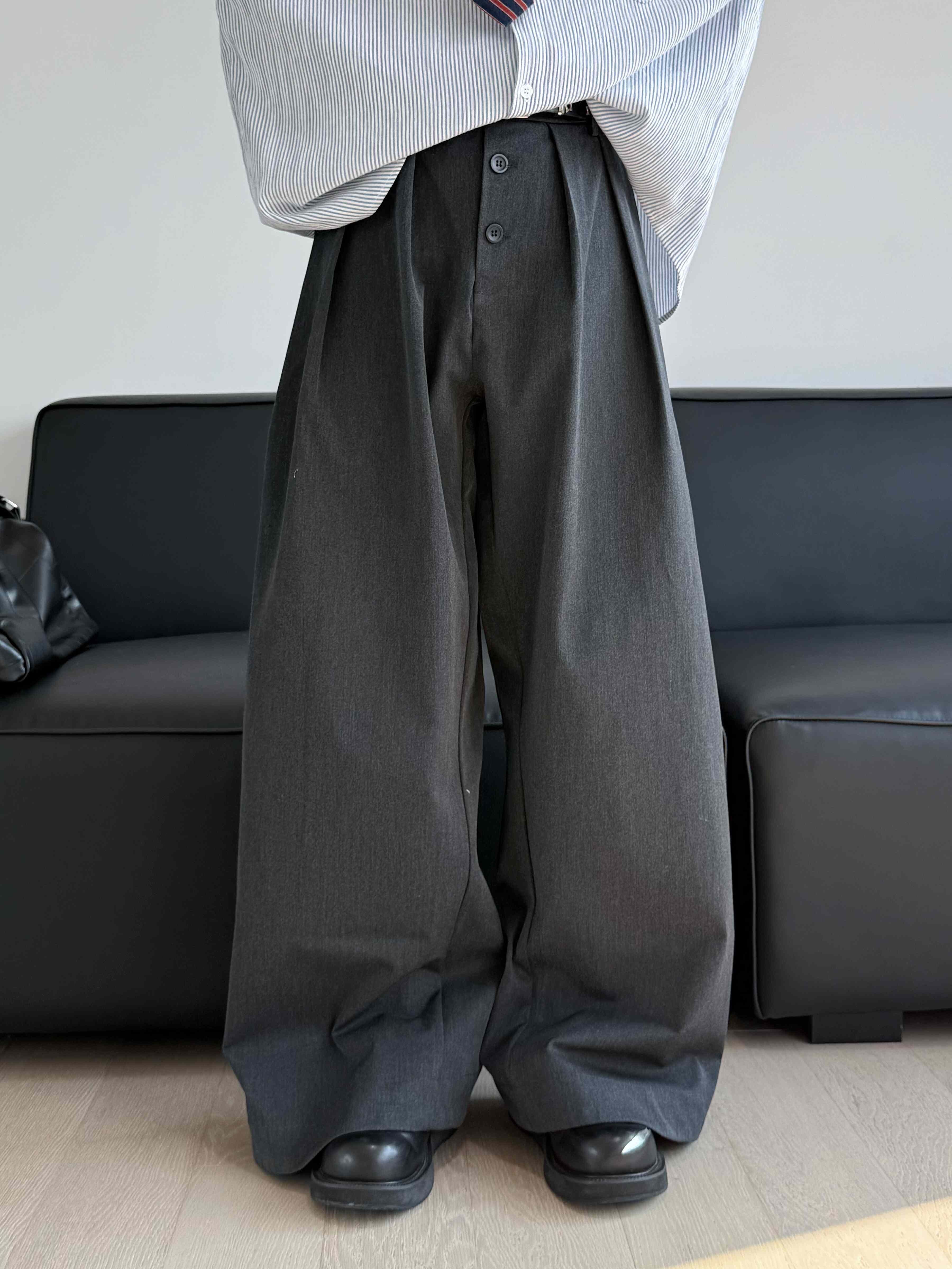 美式复古排扣设计宽松西裤