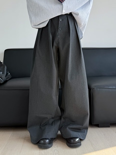 男 中性风阔腿垂感休闲拖地长裤 19otiwtt美式 复古排扣设计宽松西裤