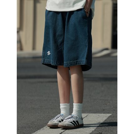 19otiwtt日系宽松刺绣直筒水洗蓝色牛仔工装短裤男女休闲百搭短裤