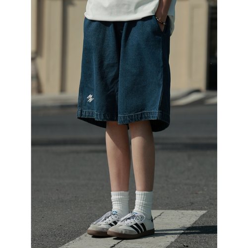 19otiwtt日系宽松刺绣直筒水洗蓝色牛仔工装短裤男女休闲百搭短裤