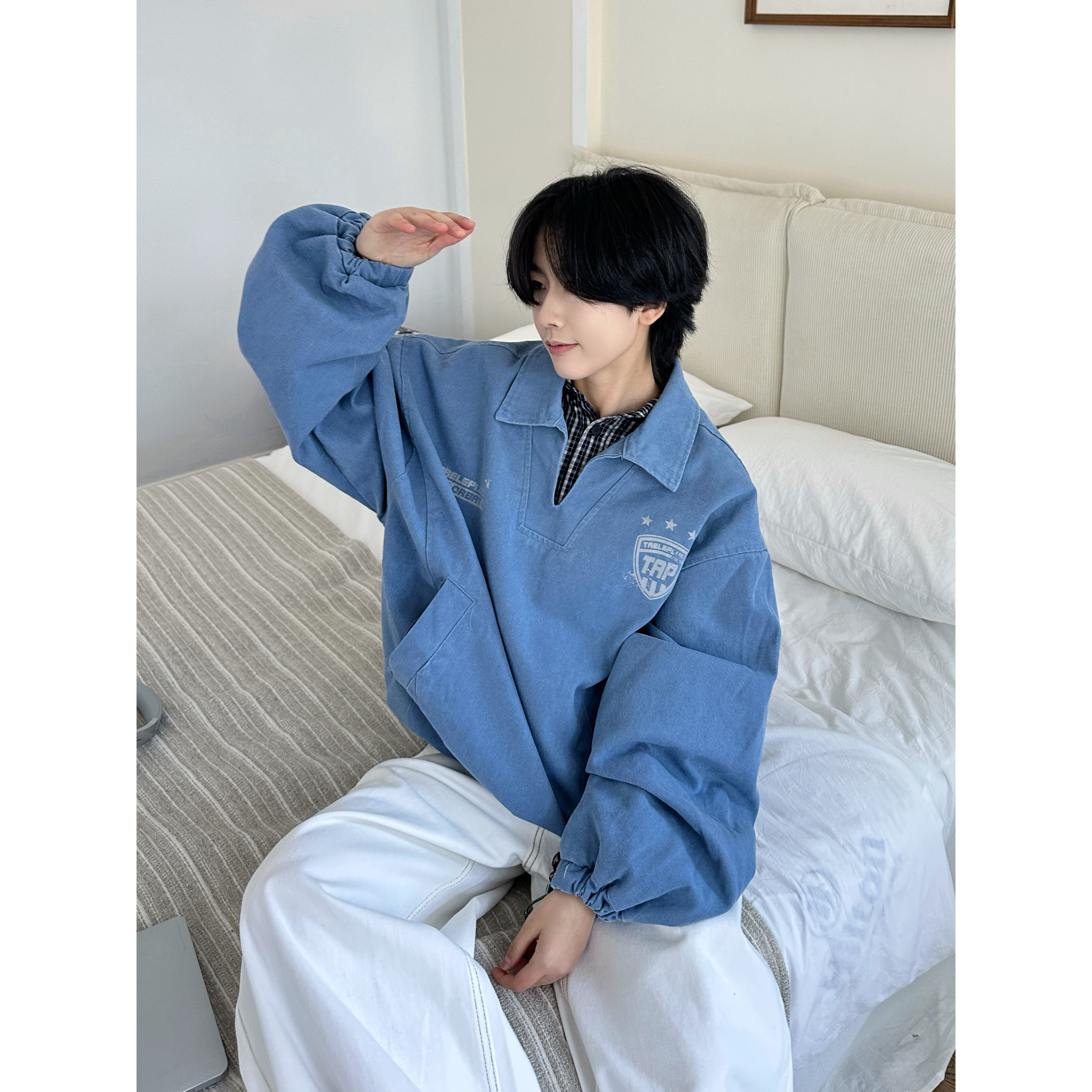 19otiwtt美式潮牌徽章做旧翻领夹克男女宽松休闲春款情侣套头外套