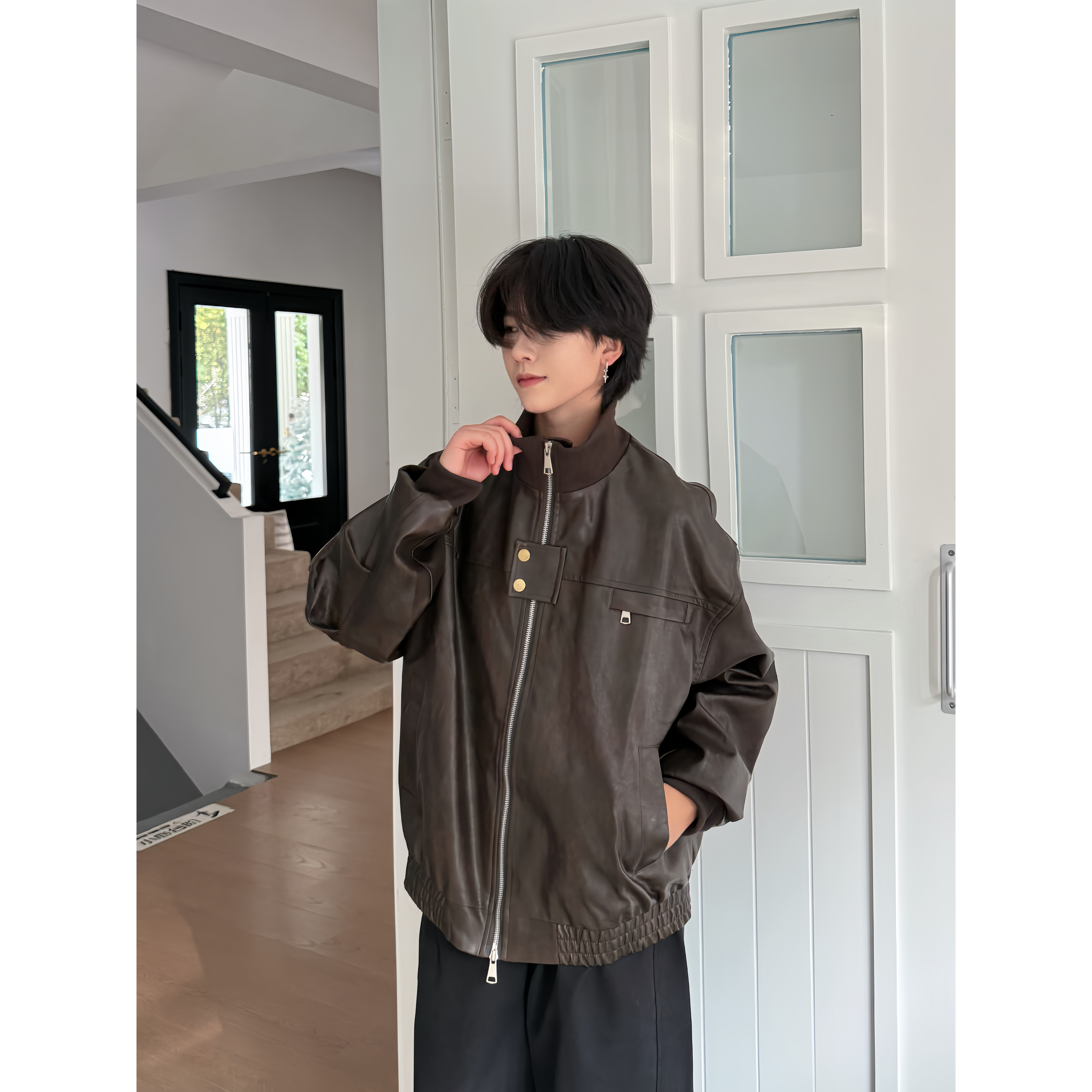 美式复古机车风黑色PU皮衣外套