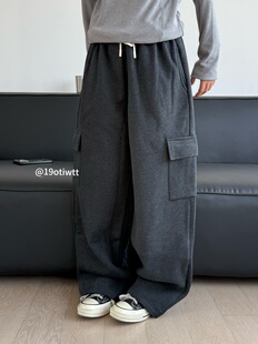 19otiwtt复古重磅工装裤纯色秋冬加绒加厚宽松直筒休闲阔腿长裤子