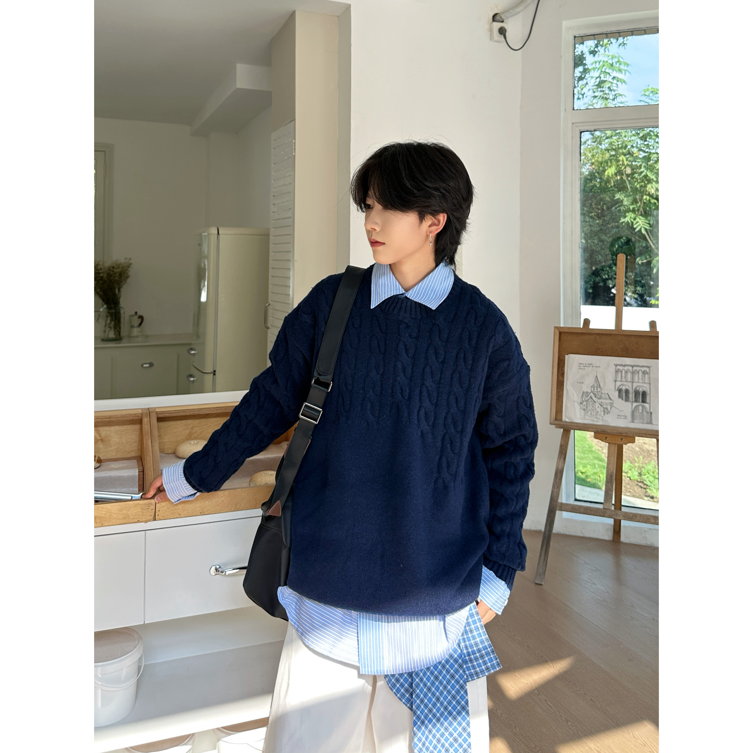 19otiwtt美式复古麻花圆领针织衫肌理感加厚毛衣冬季保暖套头上衣