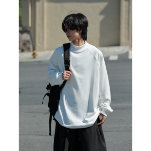 19otiwtt复古简约纯色半高领长袖 T恤男潮牌宽松情侣休闲打底上衣