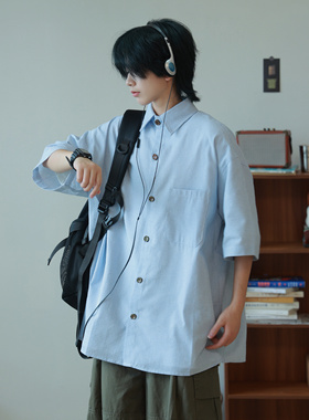 19 FREE 日系条纹衬衫潮流蓝色复古T恤衬衫cityboy慵懒风短袖衬衣