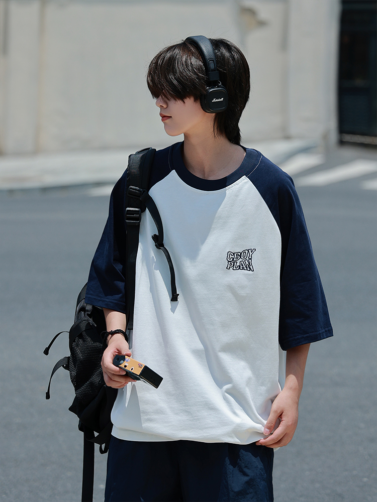 19otiwtt美式复古撞色插肩袖短袖男夏季新款全棉宽松休闲双色T恤