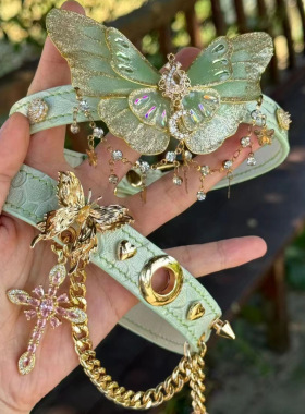 法式甜美绿色蝴蝶项链小众设计个性气质十字架流苏锁骨链时尚项圈