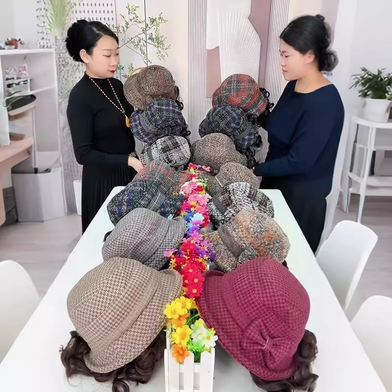 帽子假发一体秋冬款蝴蝶结渔夫帽慵懒卷中老年时尚百搭保暖短卷发