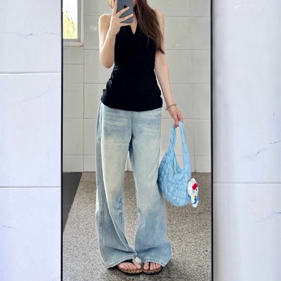 复古浅色阔腿牛仔裤女2025春季