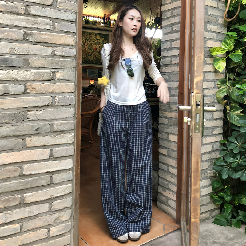 蓝色格子阔腿休闲裤女夏季薄款