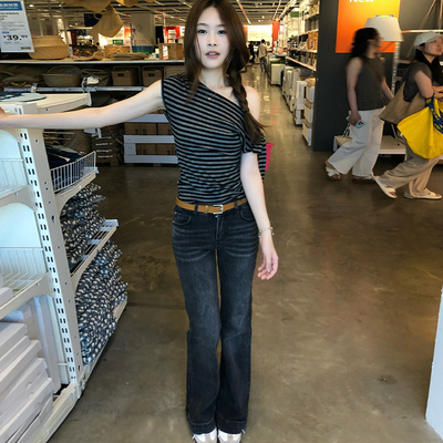 复古竹节纹低腰微喇叭牛仔裤女