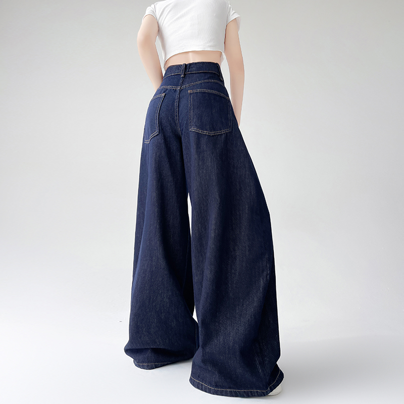 MYFC丹宁色阔腿牛仔裤女2024秋季新款深蓝高腰垂感宽松拖地直筒裤