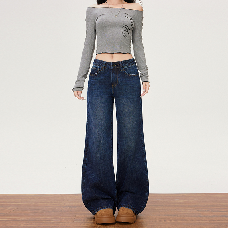 美式深蓝色阔腿牛仔裤女宽松直筒