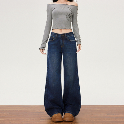 美式深蓝色阔腿牛仔裤女宽松直筒