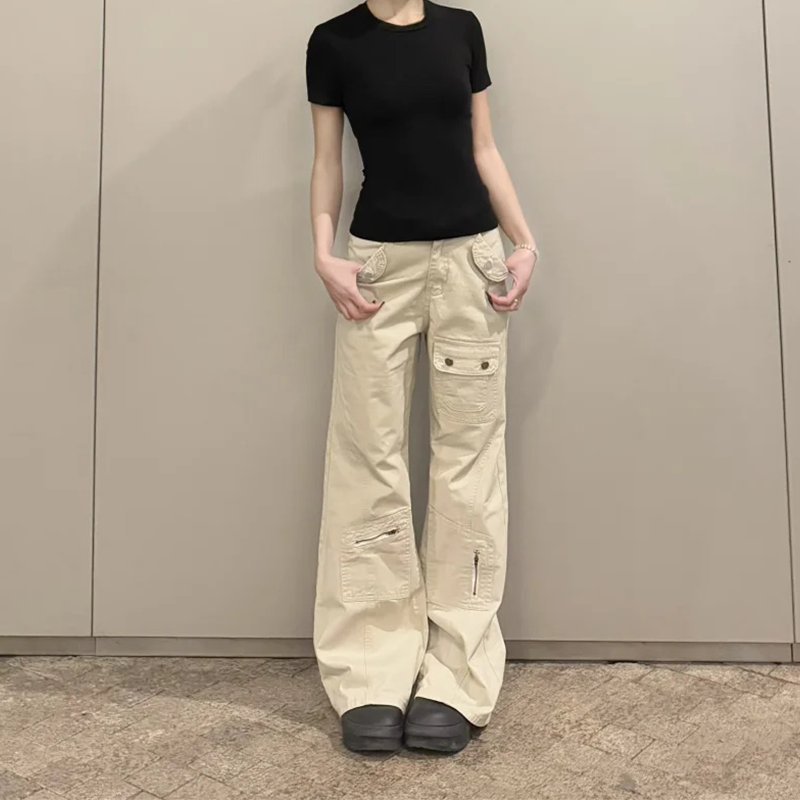 MYFC卡其色工装牛仔裤女微喇裤