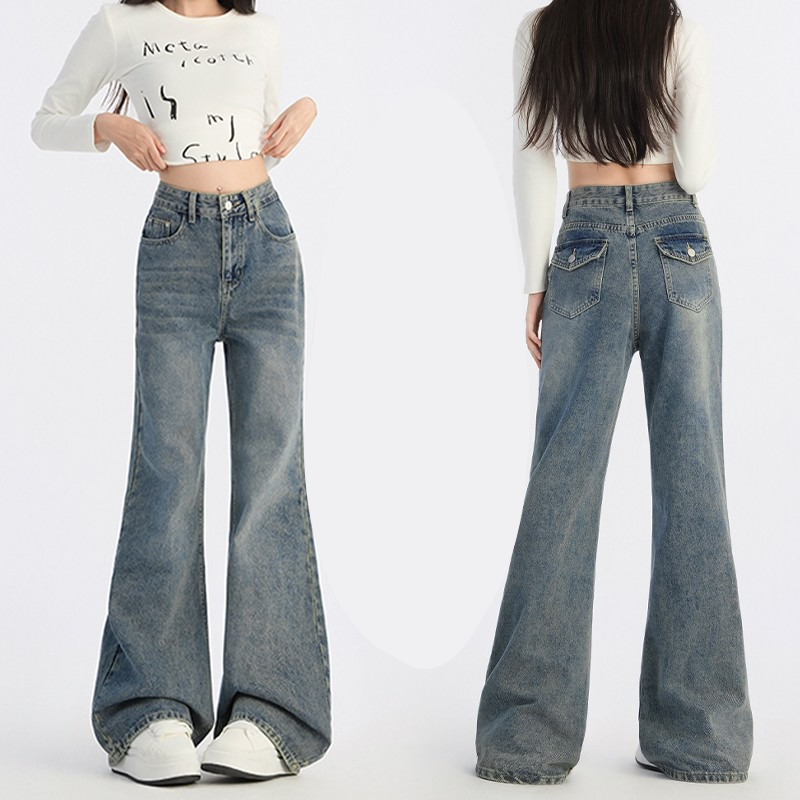 复古蓝阔腿微喇叭牛仔裤女