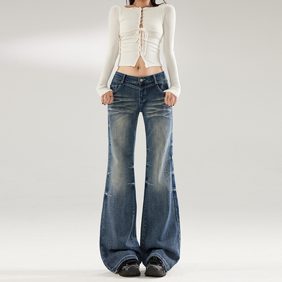 美式复古低腰微喇叭牛仔裤女修身