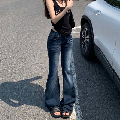 复古蓝低腰微喇叭牛仔裤女弹力