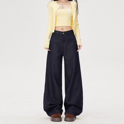 美式原色阔腿牛仔裤女高腰宽松