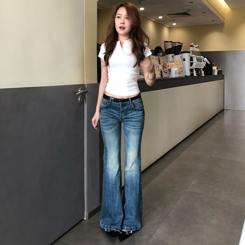 美式复古蓝低腰微喇叭牛仔裤女