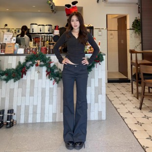 MYFC烟灰工装裤~微喇牛仔裤女2025新款低腰显瘦修身拖地喇叭裤子