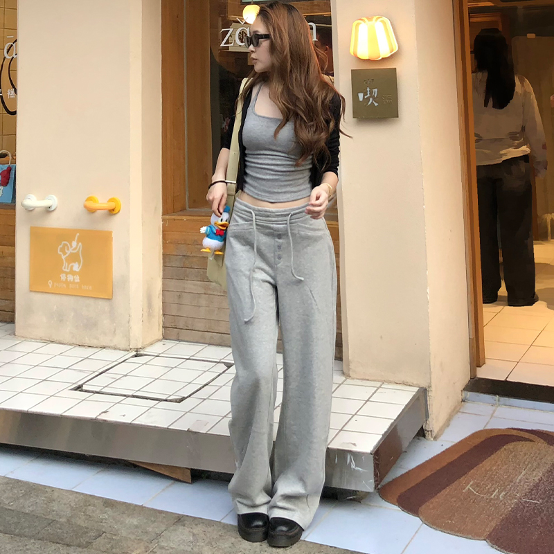 浅灰色阔腿休闲裤女宽松直筒卫裤