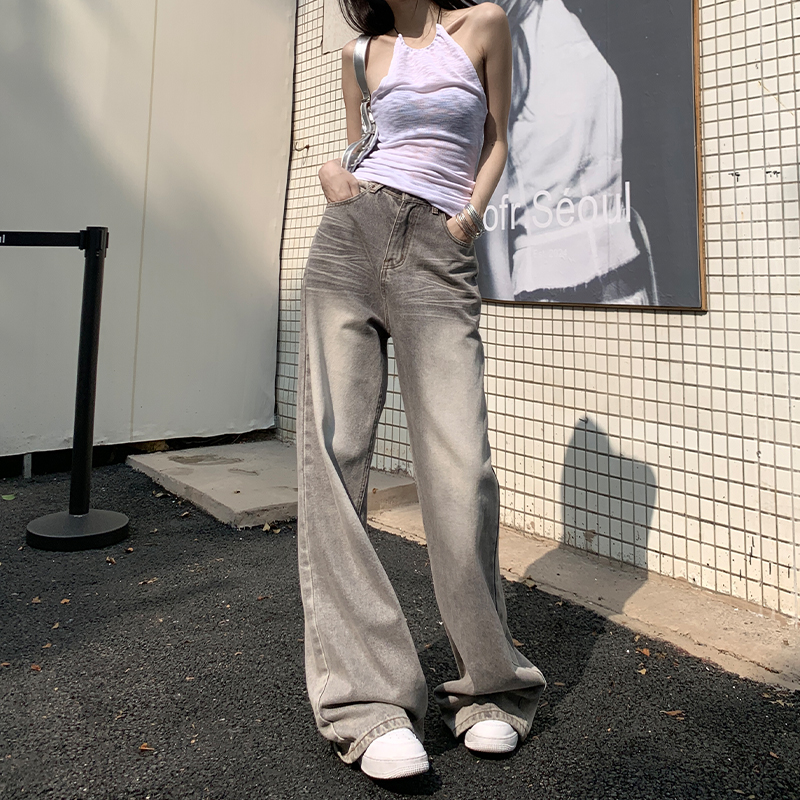 灰色牛仔阔腿裤女高腰宽松直筒裤