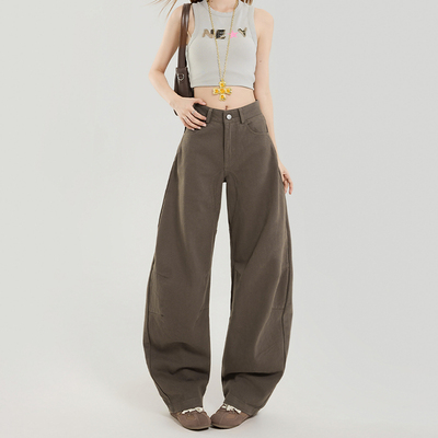 美式咖色阔腿弯刀牛仔裤女宽松