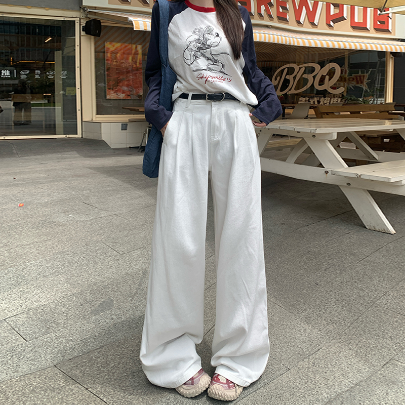 美式白色阔腿牛仔裤女宽松直筒裤