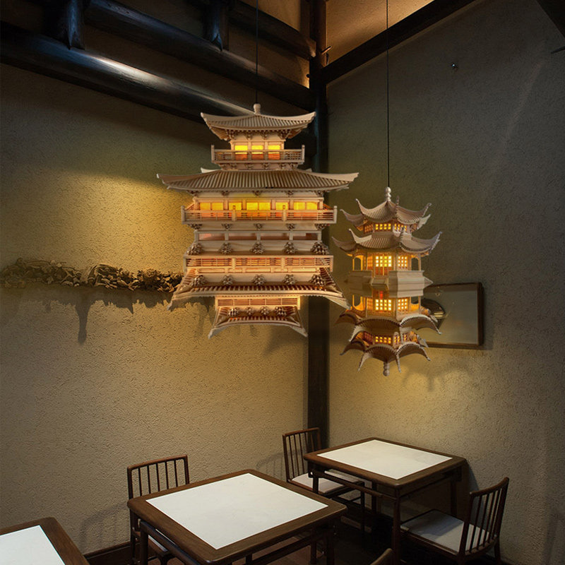 定制售楼部沙盘琉璃屋檐造型吊灯酒店大堂工程创意屋顶瓦片木雕灯