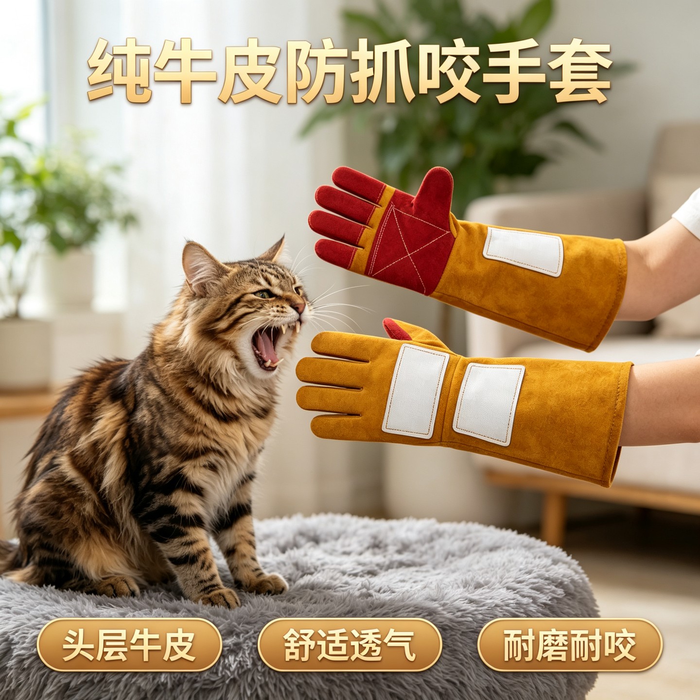 凯夫拉牛皮抓狗手套训练猫狗宠物