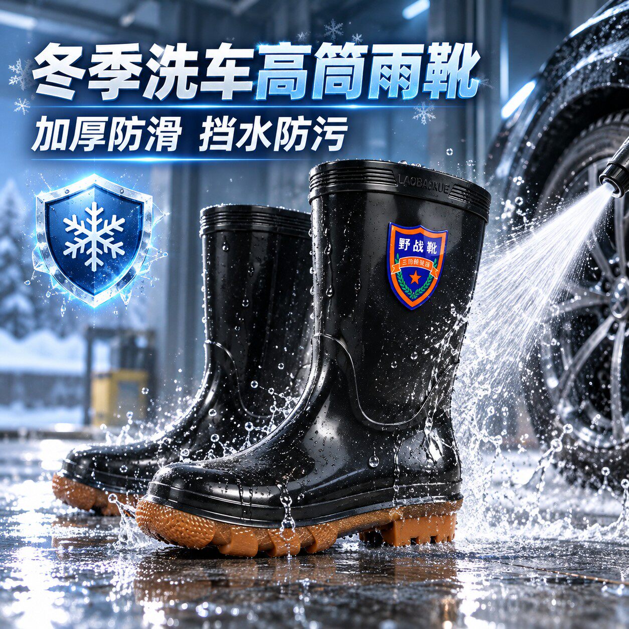 冬季洗车防水靴防滑耐磨牛筋底耐酸碱高筒四季晴雨两穿长靴男