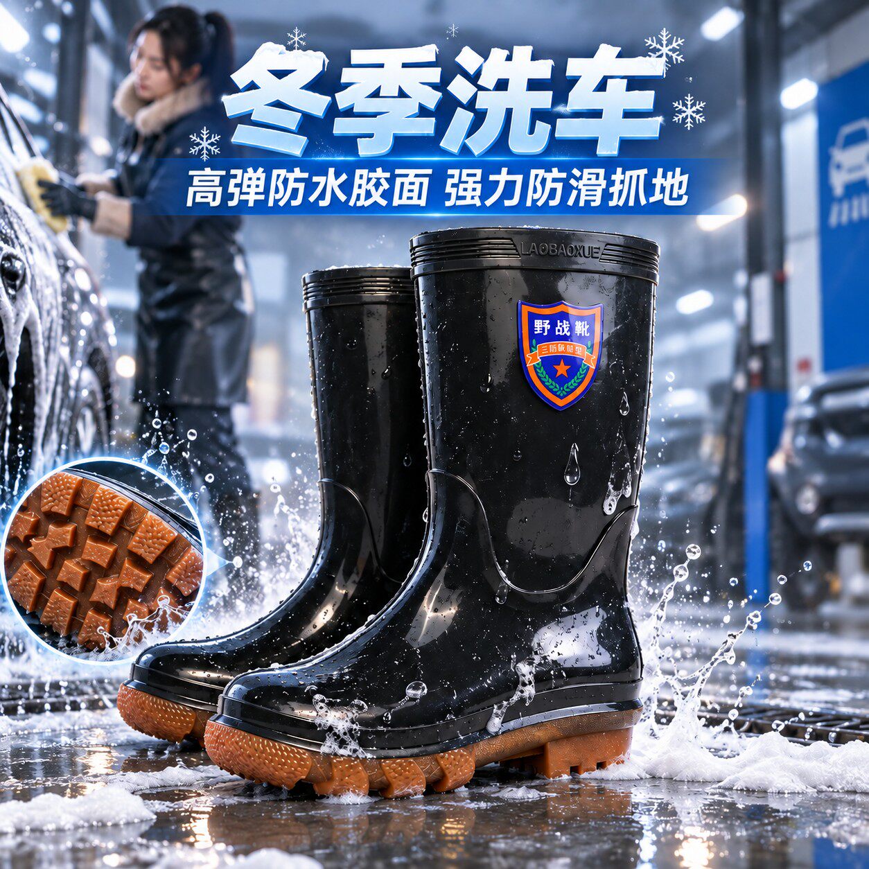 冬季洗车防水靴防滑耐磨牛筋底耐酸碱高筒四季晴雨两穿长靴男