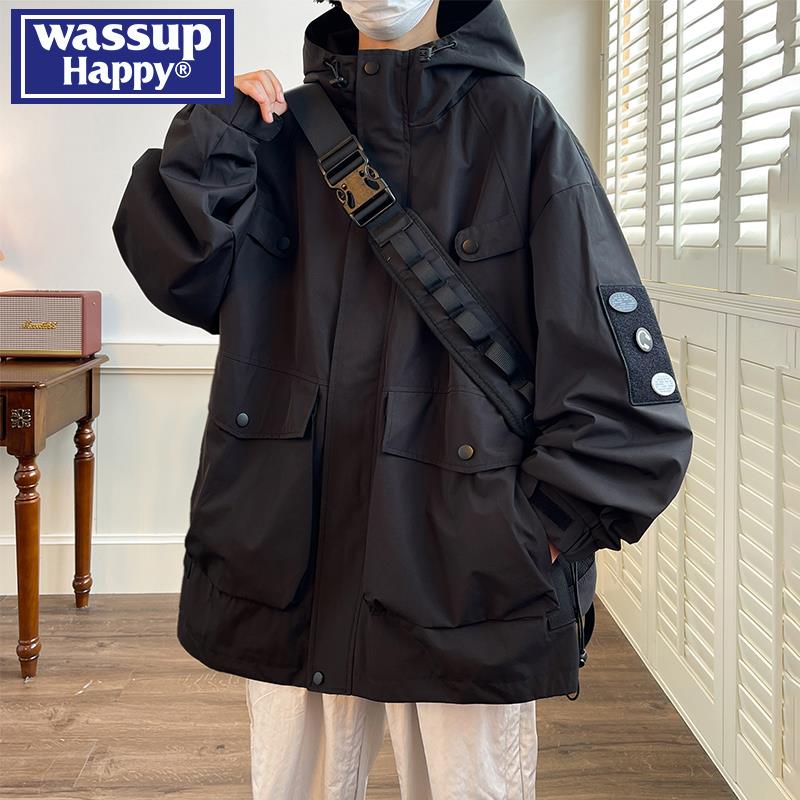 wassup happy外套男款秋冬款防水大口袋工装夹克青少年冲锋衣冬季