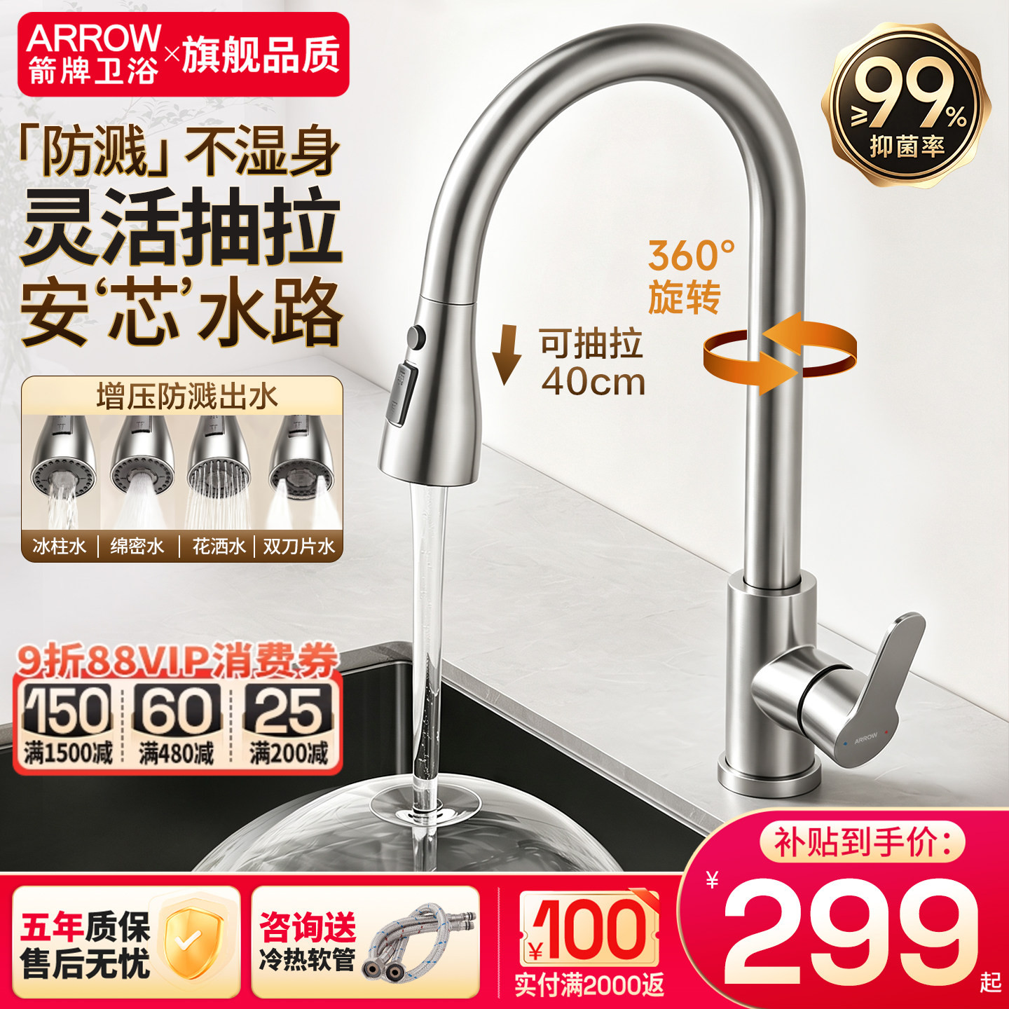 箭牌枪灰抽拉式冷热龙头洗菜盆不锈钢旋转厨房水槽防溅水龙头图片
